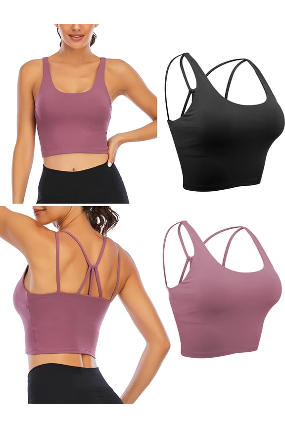 Strappy Sports Bras for Women Wirefree Padded Medium Support Yoga Bra Top with Removable Cups, Black/ Blue/ Purple, Size XS-XL