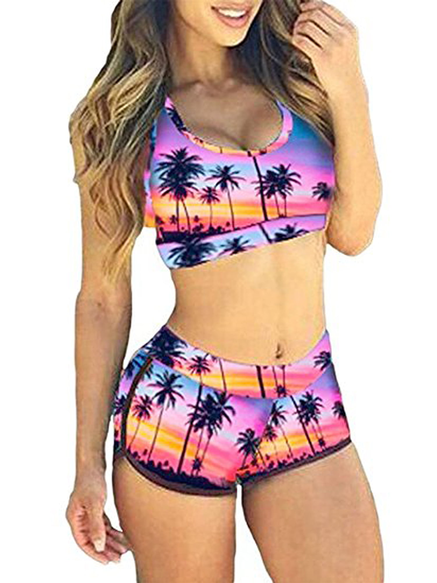 Women Swimwear Tankini Swimsuit Padded Tank Tops + Shorts Set Beachwear