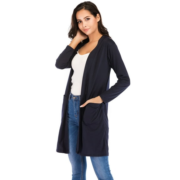 LELINTA Women Basic Long Cardigan Open Front Draped Sweater Long Length Open Front Navy Blue Jacket