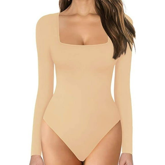 LELINTA Women Bodysuit Casual V Neck Tummy Control Shapewear Bodysuit Long Sleeve Tops Slimming Thong Bodysuit Bodycon Basic Bodysuit Tops