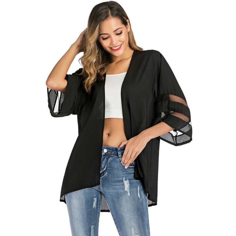 LELINTA Women Casual Solid Color Kimono Shawl Sheer Chiffon Loose Cardigan 3 4 Bell Sleeve Blouse Top