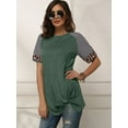 thumbnail image 1 of LELINTA Women Crew Neck Short Sleeve Stripes Leopard Print Casual Top, Green, 1 of 6