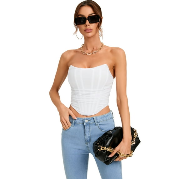 LELINTA Women Gothic Corset Bustier Tube Top Strapless Sleeveless Zip Back Curve Shaper Crop Top Asymmetrical Hem Crop Cami Top