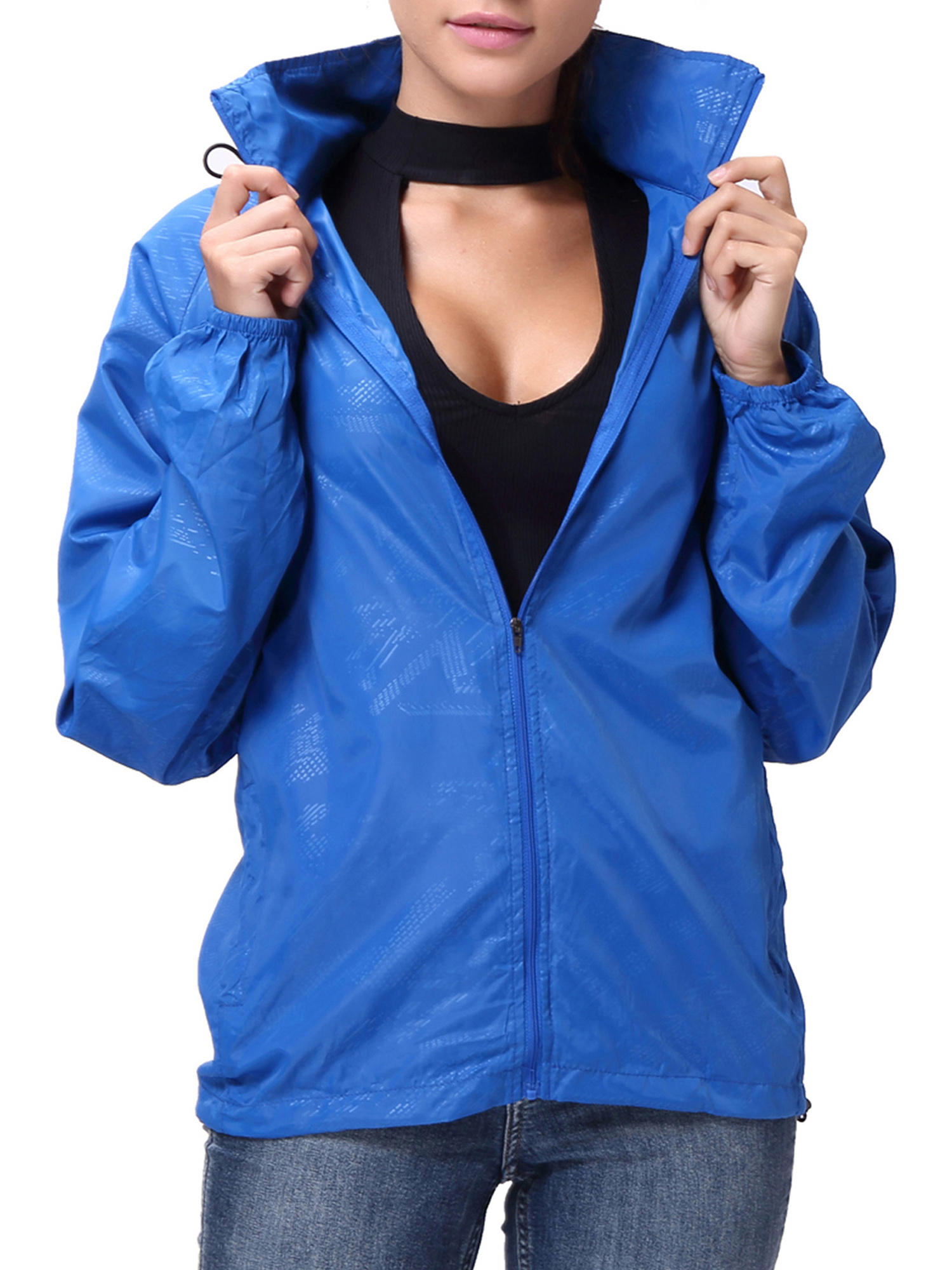 LELINTA Women Nylon Windbreaker Jacket Sport Casual Lightweight Zipper Hooded Outdoor Jacket, Black/ Royal Blue - image 1 of 9