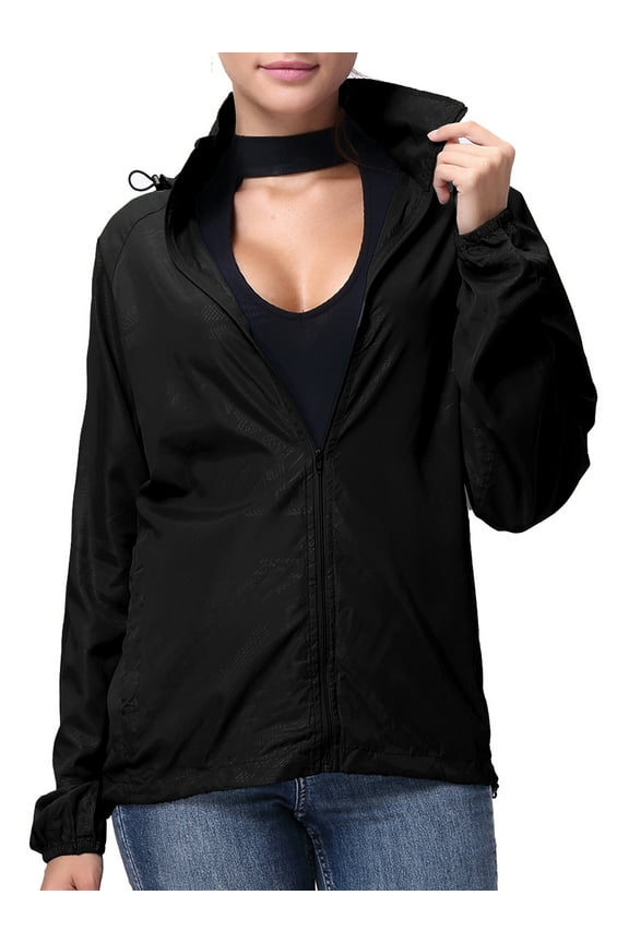 Women Nylon Windbreaker Jacket Sport Casual Lightweight Zipper Hooded Outdoor Jacket, Black/ Royal Blue