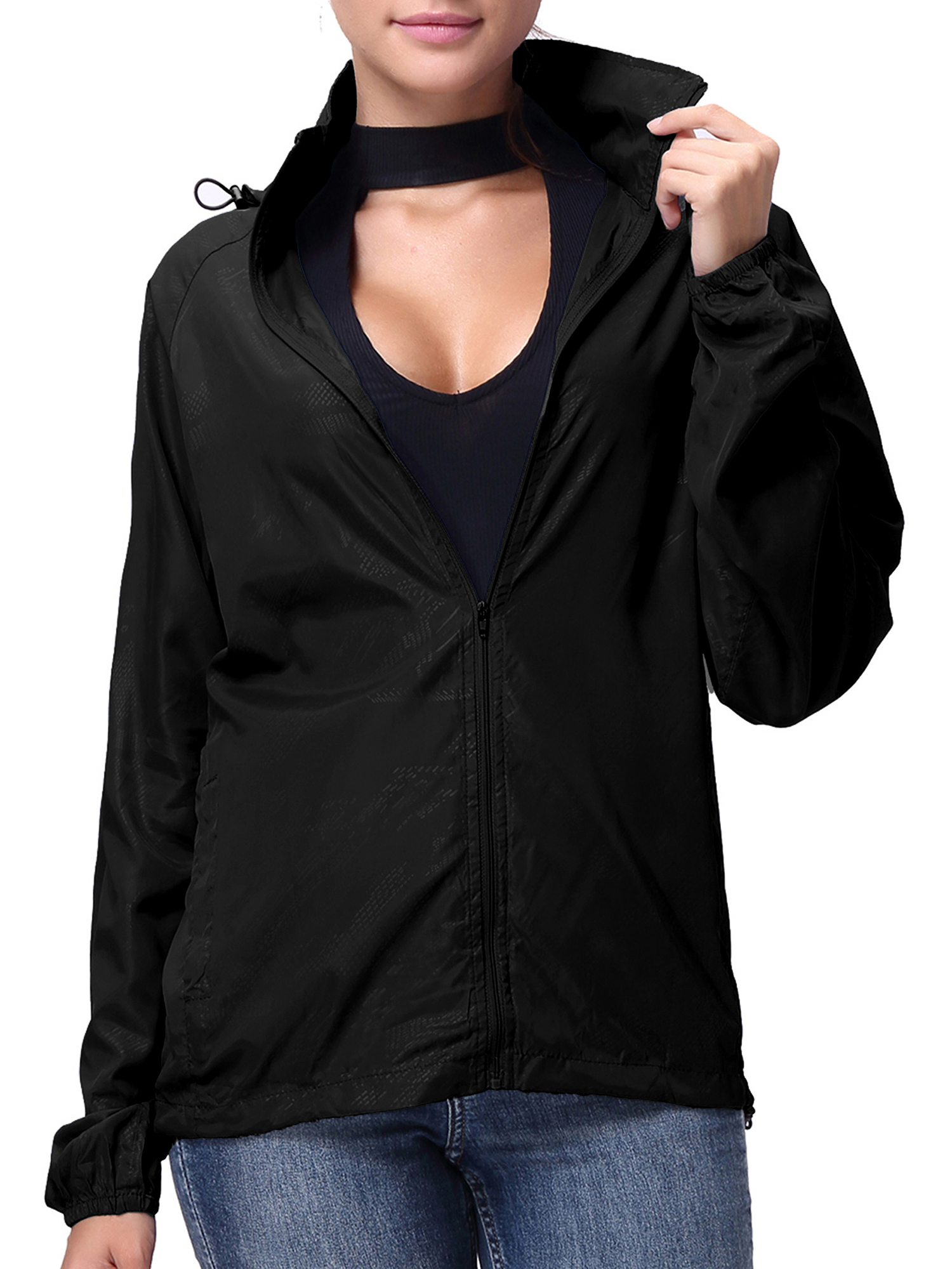 LELINTA Women Nylon Windbreaker Jacket Sport Casual Lightweight Zipper Hooded Outdoor Jacket, Black - image 1 of 9