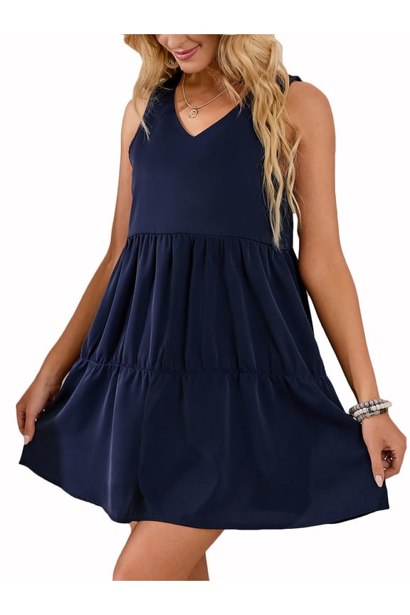 Women Plus Size Summer Tunic Dress V Neck Casual Loose Flowy Swing Shift Dresses, Black/ Green/ Navy Blue/ Wine Red/ Caramel, S-2XL