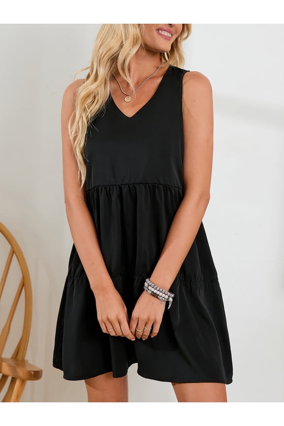 Women Plus Size Summer Tunic Dress V Neck Casual Loose Flowy Swing Shift Dresses, Black/ Green/ Navy Blue/ Wine Red/ Caramel, S-2XL