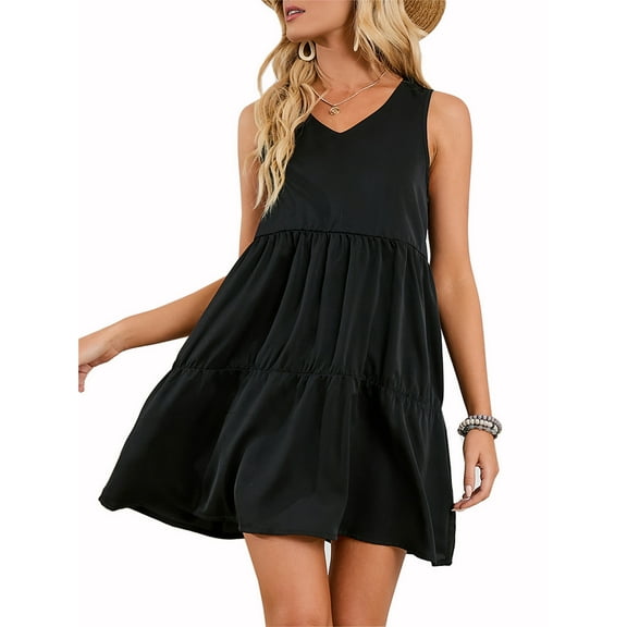 LELINTA Women Plus Size Summer Tunic Dress V Neck Casual T-Shirt Dresses Casual Loose Flowy Swing Shift Dresses, Black, S-2XL