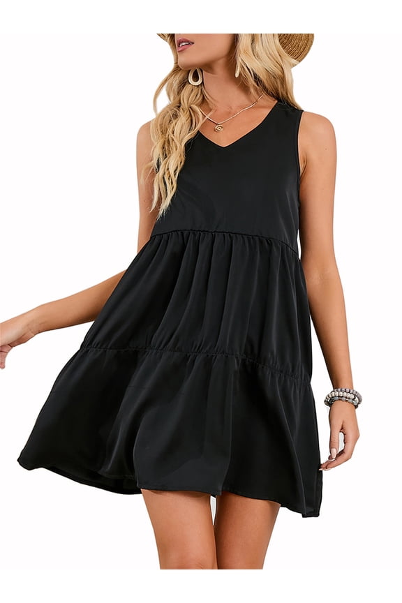 Women Plus Size Summer Tunic Dress V Neck Casual T-Shirt Dresses Casual Loose Flowy Swing Shift Dresses, Black, S-2XL