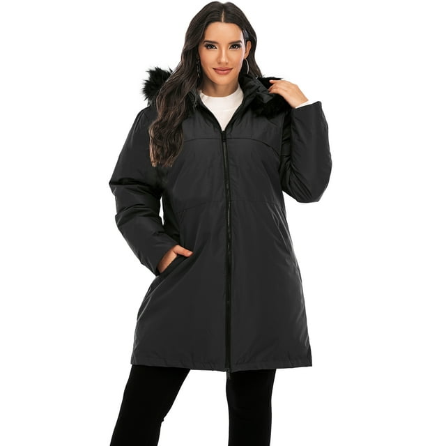 LELINTA Women Plus Size Winter Coats Hooded Warm Puffer Lined Jacket Zip Parka Raincoat Active Outdoor Trench Long Coats