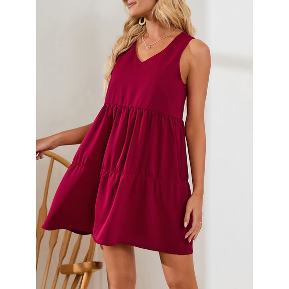 LELINTA Women Summer Beach Sundress Sleeveless Tank Dress V Neck Vest T-shirt Dress Casual Loose Flowy Swing Shift Dresses, Black/ Green/ Navy Blue/ Wine Red/ Caramel, S-2XL