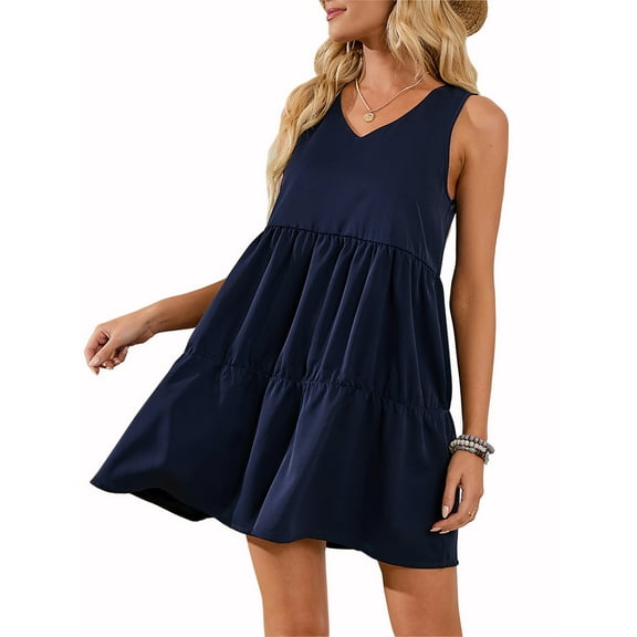 LELINTA Women Summer Beach Sundress Sleeveless Tank Dress V Neck Vest T-shirt Dress Casual Loose Flowy Swing Shift Dresses, Black/ Green/ Navy Blue/ Wine Red/ Caramel, S-2XL