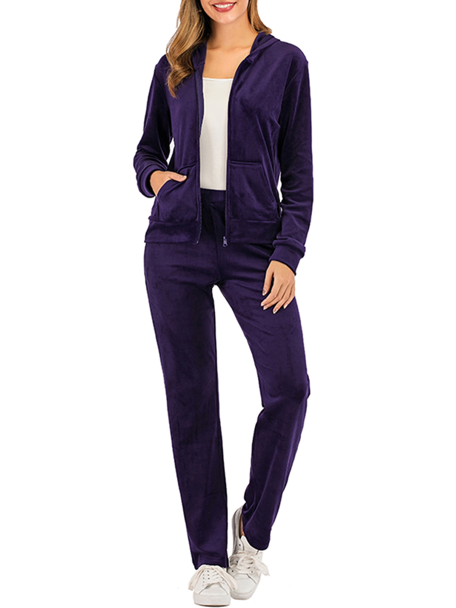 LELINTA Women's Piece/ Set Solid Velvet Tracksuit Set Full Zip