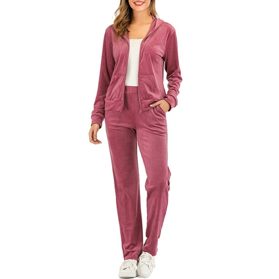 LELINTA Women's 2 Piece/ Set Solid Velvet Tracksuit Set Full Zip-up Hooded Sweatshirts & Pants Set, Pink/ Light Purple, S-2XL