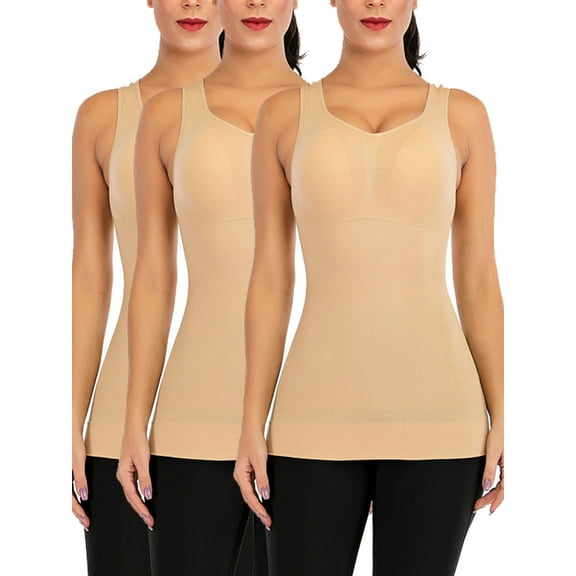 LELINTA Women's 3 Pack Compression Camisole with Built in Bra Padded Lightweight TaLELINTA Top Removable Pad Stretch V Neck Wide Strap Camis Tops Shapewear