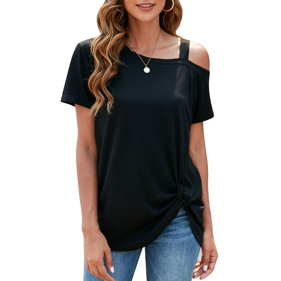 LELINTA Women's Casual Cold Shoulder T-Shirt Summer Short Sleeve Tunic Tops Front Knot Side Twist Blouses, Black/ Dark Grey/ Wine Red, S-2XL