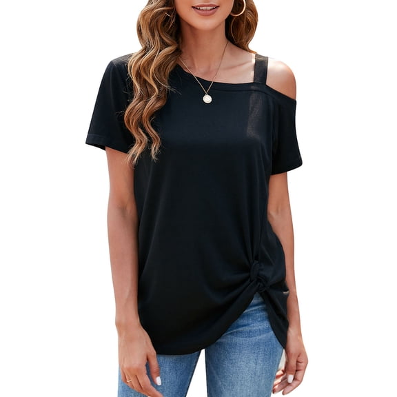 LELINTA Women's Casual Cold Shoulder T-Shirt Summer Short Sleeve Tunic Tops Front Knot Side Twist Blouses, Black/ Dark Grey/ Wine Red, S-2XL