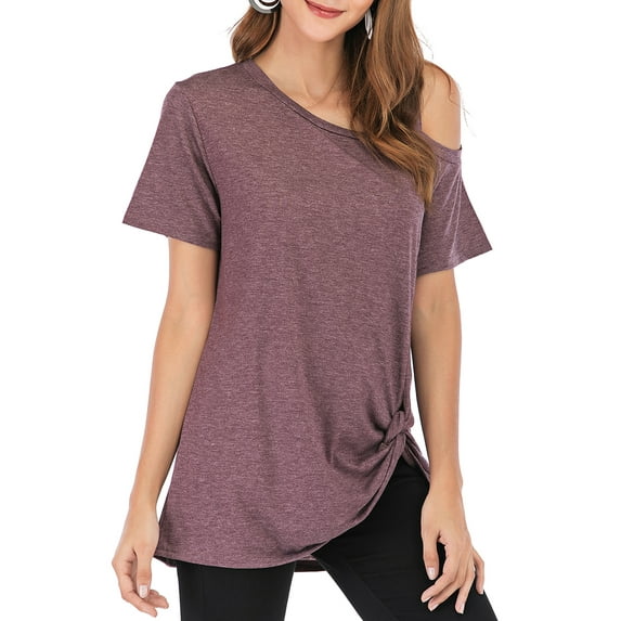 LELINTA Women's Casual Cold Shoulder T-Shirt Summer Short Sleeve Tunic Tops Front Knot Side Twist Blouses, Black/ Dark Grey/ Wine Red, S-2XL