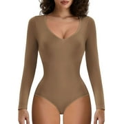 LELINTA Women's Long Sleeve Bodysuit V Neck Body Suits Seamed Cup Going Out Tops Shirt Ribbed
