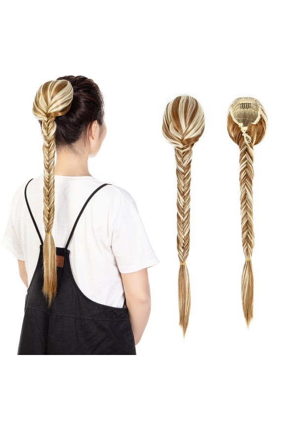 Women's Long Straight Fishtail Braids Ponytail Clip in Rope Hair Braid Wigs Hair Extension Hairpiece with Clips