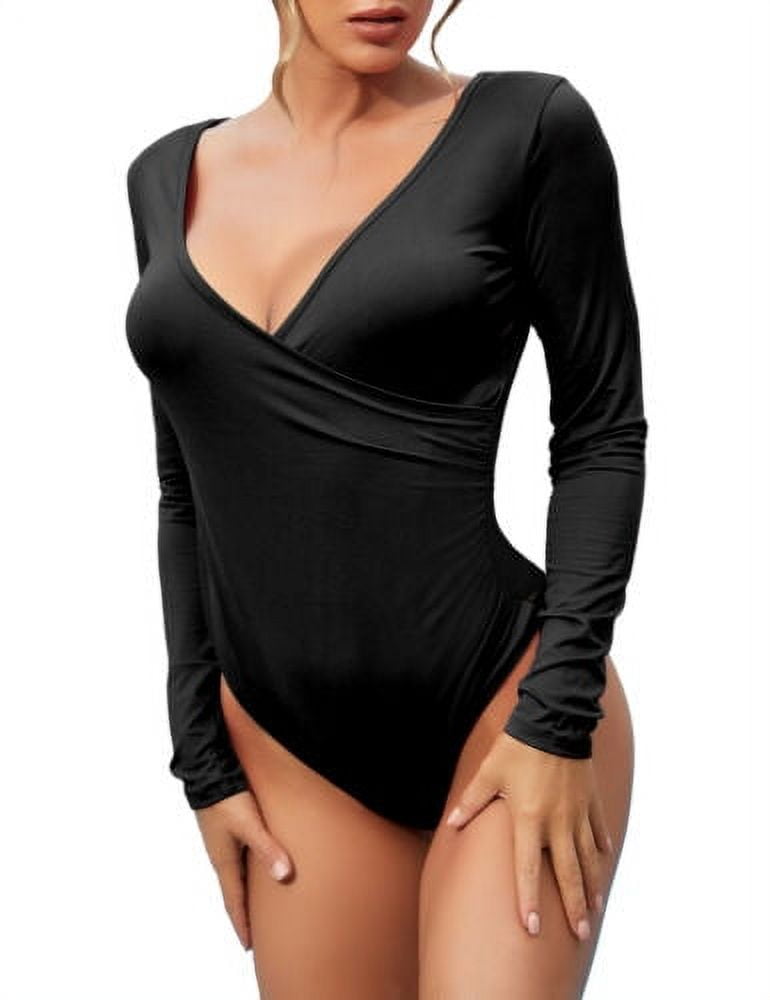 LELINTA Women's Plunging V Neck Ruched Pleated Long Sleeve Top Leotard  Bodysuit Sexy Wrap Style Bodysuit For Womens Ladies Bodycon 