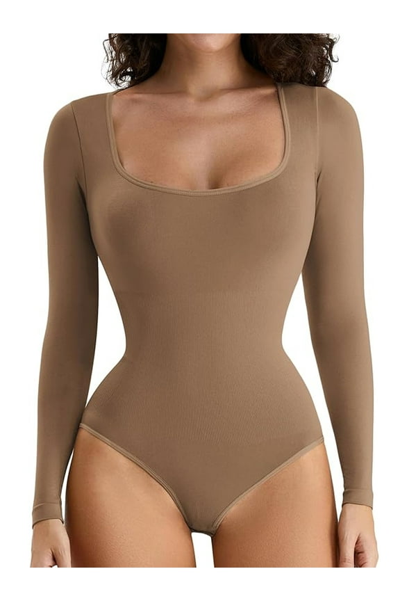 Women's Sexy Square Neck Bodysuit Long Sleeve Shirt Tops Leotard Shapewear Bodysuit Tummy Control