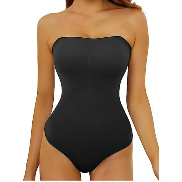 Women's Sexy Strapless Bodysuit One Piece Seamless Shapewear for Women Tummy Control Seamless Ribbed Triangle Off Shoulder Shapewear Tops Leotard