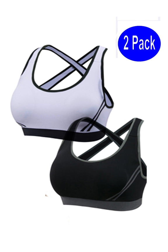 Women's Sports Bras Removable Padded Low Support for Workout Fitness Yoga Bra White & Black Size S-XL 2 Pack