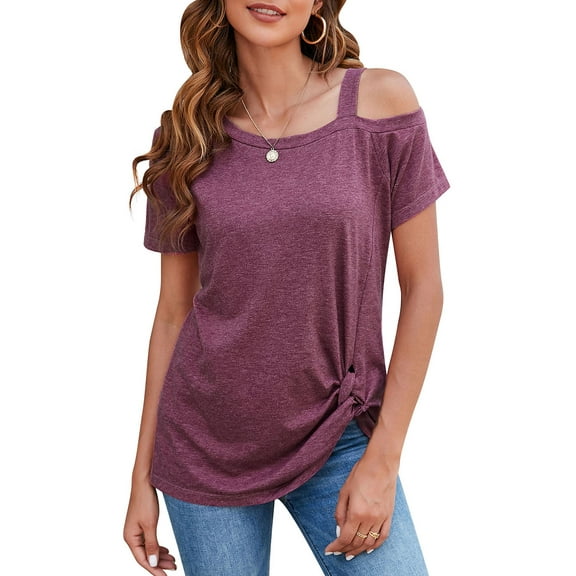 LELINTA Women's Summer Short Sleeve Cold Shoulder Round Neck T-Shirt Short Sleeve Tunic Tops Blouse Fashion Knot Twist Front Blouses, Black/ Dark Grey/ Wine Red, S-2XL