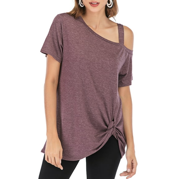 LELINTA Women's Summer Short Sleeve Cold Shoulder Round Neck T-Shirt Short Sleeve Tunic Tops Blouse Fashion Knot Twist Front Blouses, Black/ Dark Grey/ Wine Red, S-2XL