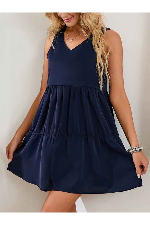 Womens Summer Sleeveless Dress Casual V Neck Sundress Swing Tank Beach Dresses Casual Loose Flowy Swing Shift Dresses, Black/ Green/ Navy Blue/ Wine Red/ Caramel, S-2XL