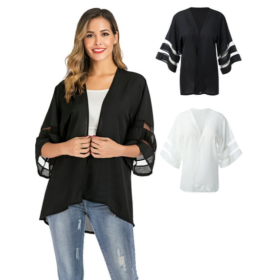 LELINTA Womens V Neck Mesh Panel Sheer Chiffon Cardigan Loose Summer Cover up Kimono Boho Half Sleeves, White/ Black,S-XL