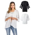 thumbnail image 1 of LELINTA Womens V Neck Mesh Panel Sheer Chiffon Cardigan Loose Summer Cover up Kimono Boho Half Sleeves, White/ Black,S-XL, 1 of 7