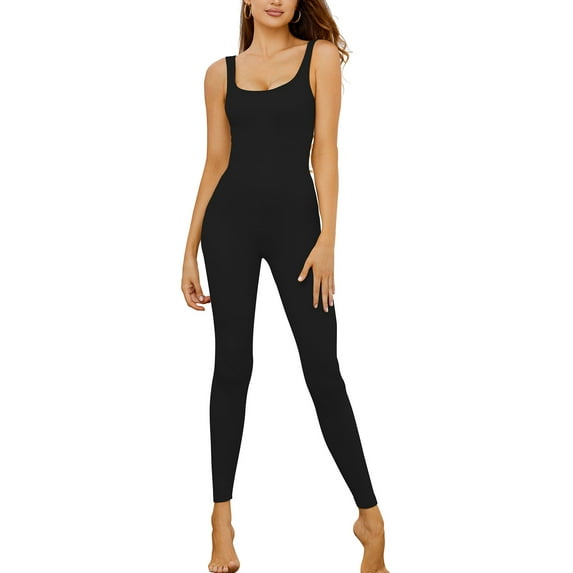 LELINTA Yoga Ribbed Tank Top Jumpsuits for Women Sleeveless Scoop Neck Bodycon Full Length Casual One Piece Fashion Jumpsuits