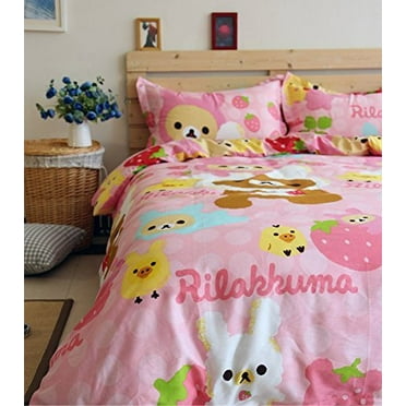 LELVA Rilakkuma Pattern Bedding Quilt/Comforter Cover Set Kids Bedding Duvet Cover Set for Girls Fitted Sheet Pink Twin Size