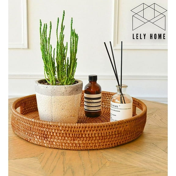 LELY HOME Round Rattan Woven Serving Tray with Handles