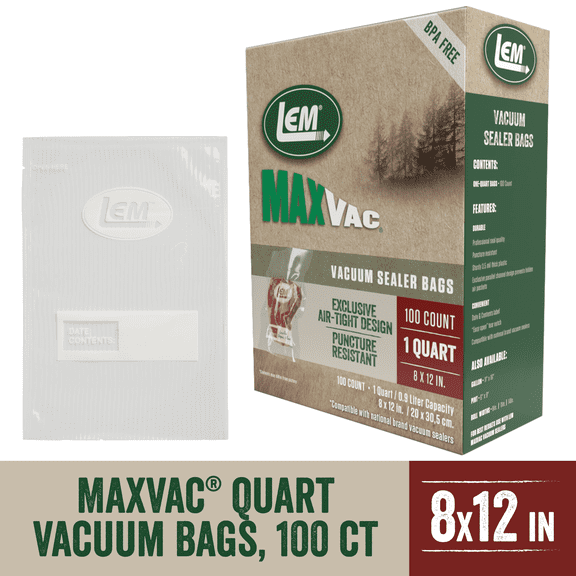 LEM Products MaxVac Quart Vacuum Sealer Bags, 8 x 12 Inch, 100 Count