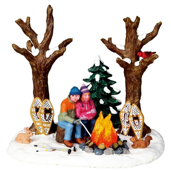 lemax christmas village "staying warm" campfire snowshoes
