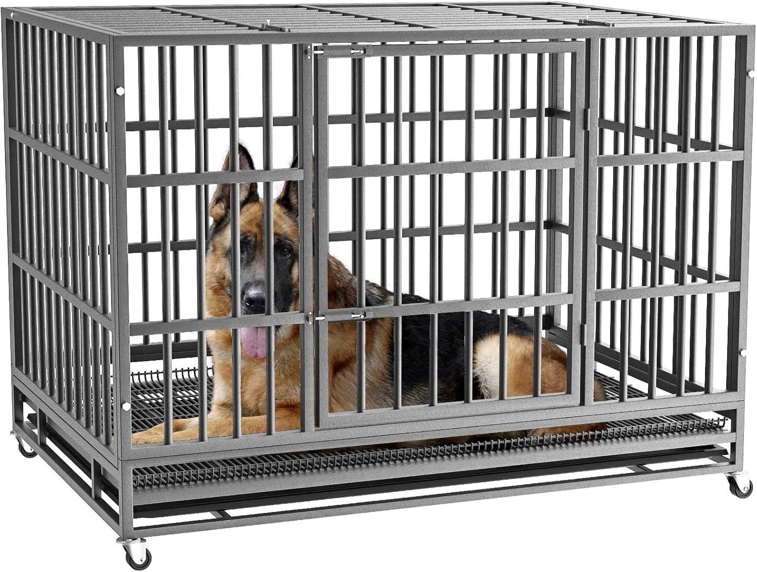 LEMBERI 42 inch Heavy Duty Indestructible Dog Crate Escape Proof Dog Cage Kennel with Lockable Wheels High Anxiety Double Door Dog Crate Extra Large Crate Indoor for Large Dog with Removable Tray Walm...