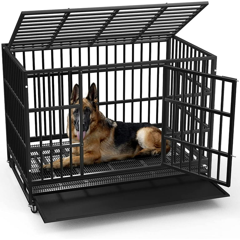 LEMBERI 42 inch Heavy Duty Indestructible Dog Crate Escape Proof Dog Cage Kennel with Lockable Wheels High Anxiety Double Door Dog Crate Extra Large