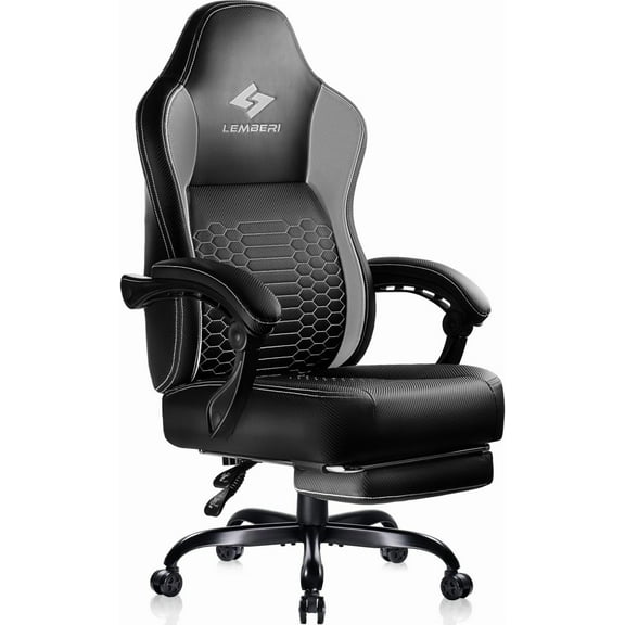 LEMBERI Big and Tall Gaming Chair 400lb Weight Capacity,Gamer Chairs for Adults,Video Game Chair wth Footrest,Racing Style Computer Gamer Chair with Headrest and Lumbar Support (Gray)