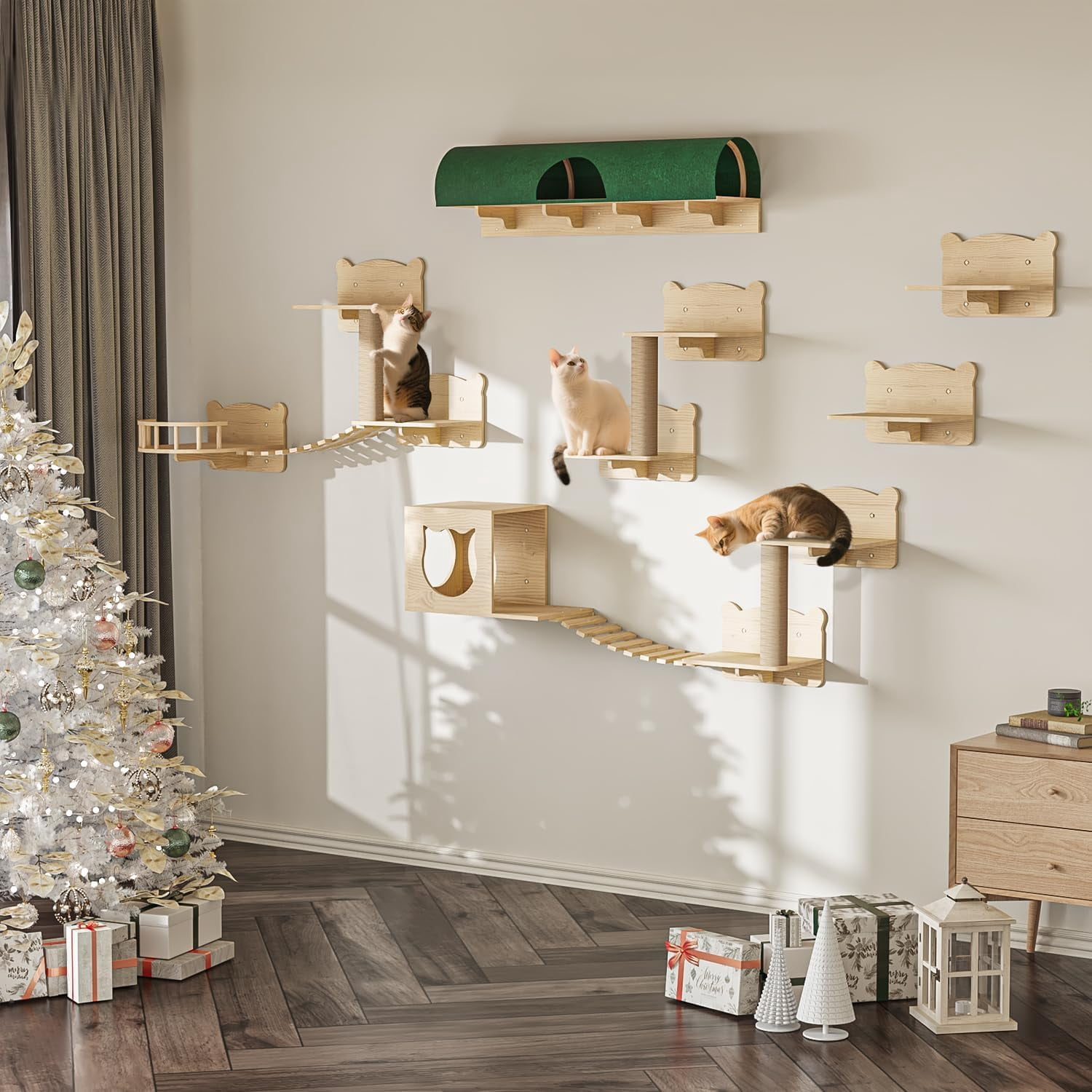 View of LEMBERI Cat Wall Shelves, 16 Pcs Set Wall Mounted Cat Shelves with Bed ...