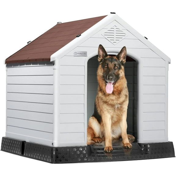 LEMBERI Durable Waterproof Plastic Dog House for Small to Large Sized Dogs, Indoor Outdoor Doghouse Puppy Shelter with Elevated Floor, Easy to Assemble (Brown, 42''L*38''W*39''H)