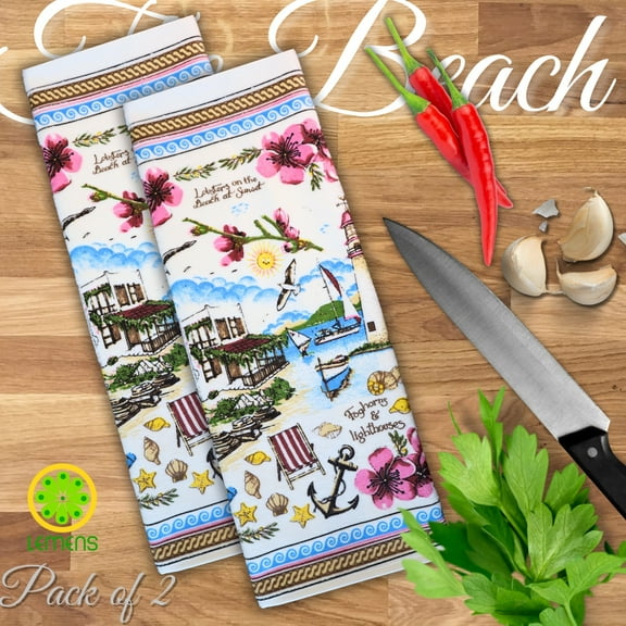 LEMENS Decorative Kitchen Tea/Dish Towel, Pack of 2, Highly Absorbent 100% Turkish Cotton Soft and Quick to Dry, Imported from Turkey, Beautiful Rustic Design Gifts for Her 19x13 in. (Beach)