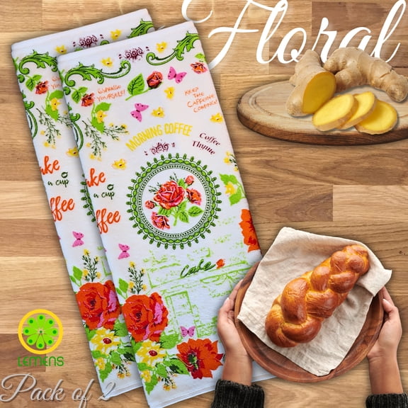 LEMENS Decorative Kitchen Tea/Dish Towel, Pack of 2, Highly Absorbent 100% Turkish Cotton Soft and Quick to Dry, Imported from Turkey, Beautiful Rustic Design Gifts for Her 19x13 in. (Floral)