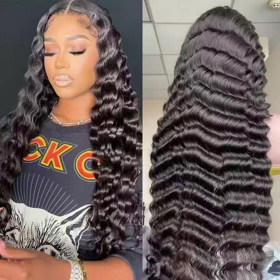 LEMENTINE 13x4 Full Frontal Lace Glueless Deep Wave 200% High-Density Pre-Plucked Human Hair Wigs Long Hair from 18inch to 30inch with Natural Color