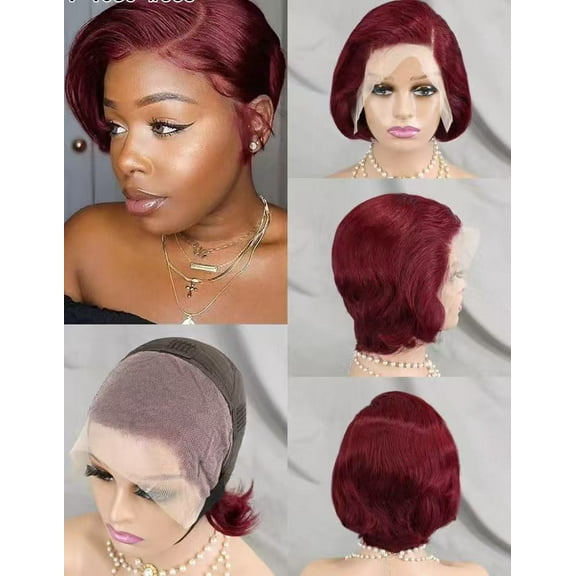 LEMENTINE Frontal Lace Glueless Pixie Cut Wig many Colors wave style 180% High-Density Pre-Plucked Human Hair Wigs