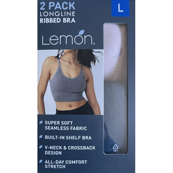 LEMON 2 Pack Seamless Longline Ribbed Bra(Pink/Grey, Large)