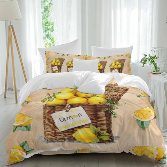 LEMON Comforter Set Queen Size, Summer Watercolor Fruit Basket Gradient Orange Soft Bedding Set for Man Woman, 4 Pieces Duvet Cover Set with Fitted Sheet, 2 Pillowcases